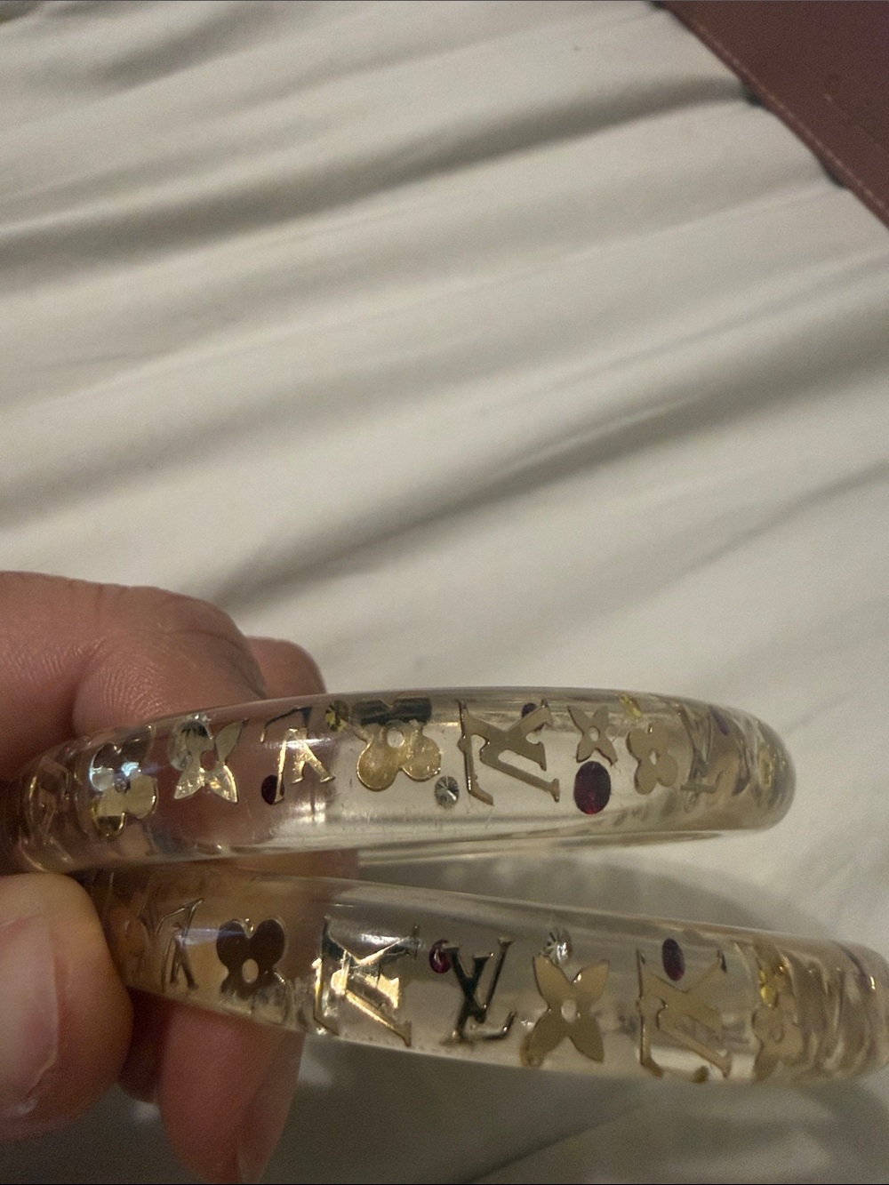 Louis Vuitton Clear Resin Bangle with Gold Logo Motifs and Ruby Accents